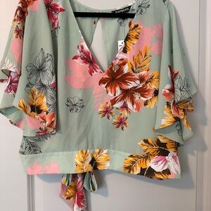 Express Women's Floral Blouse - Green and Orange